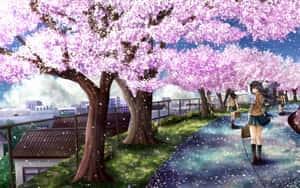 動漫女孩在城市公園中，走過花瓣飄落的櫻花樹下。