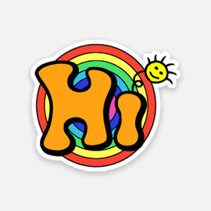 一個色彩繽紛的卡通貼紙，帶有「Hi」字樣和彩虹後面微笑的太陽。