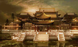 宏偉的宮殿建築群，金色屋頂和石橋橫跨水面，天空多雲。 — 建築 壁紙