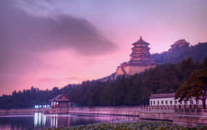 黃昏時分的天壇，粉紅天空與水面倒影 — 中國 壁紙