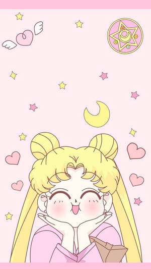 金色雙馬尾的動漫女孩雙手托腮微笑，被星星、心形和彎月環繞。 — 粉紅動漫美學 壁紙