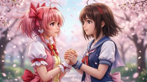 兩個穿著校服的動漫女孩在櫻花下牽手。 — 魔法少女小圓 壁紙