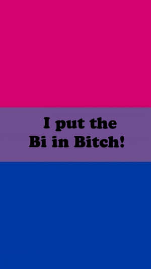 雙性戀驕傲旗，粗體文字寫著 I put the Bi in Bitch!