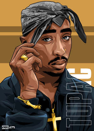 Tupac Shakur的風格化插圖，戴著頭巾和金飾。