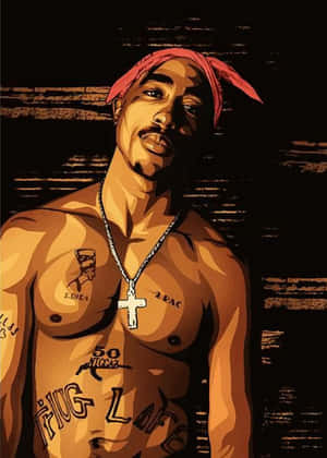 Tupac Shakur 帶有紋身和紅色頭巾的風格化插圖肖像。