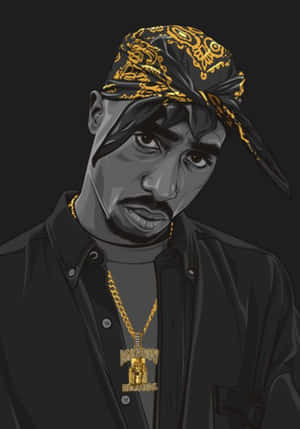 Tupac Shakur 穿著黑色襯衫和金鏈，戴著圖案頭巾。