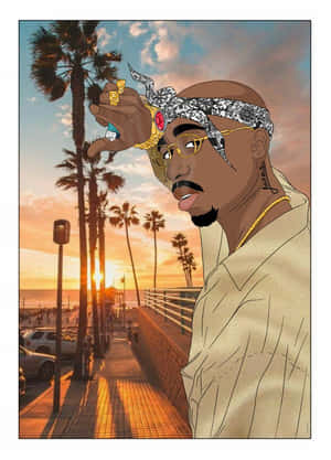 Tupac Shakur戴著太陽眼鏡和頭巾，在日落時分於棕櫚樹成行的海灘步道上手持打火機。