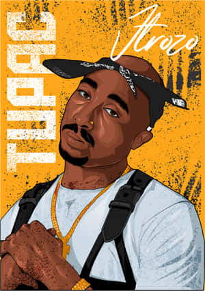 Tupac Shakur的肖像，戴帽子和金鏈，背景為橙色紋理。
