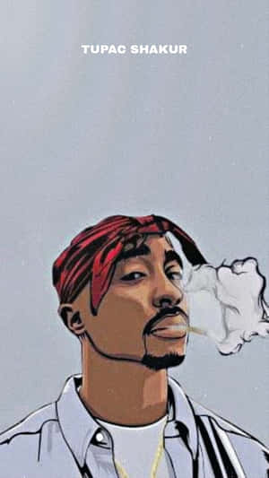 Tupac Shakur 戴著紅色頭巾，在漫畫風格的插圖中呼出煙霧。