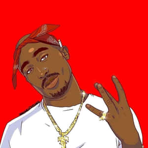 Tupac Shakur 戴著頭巾和金色鏈條，做出手勢。