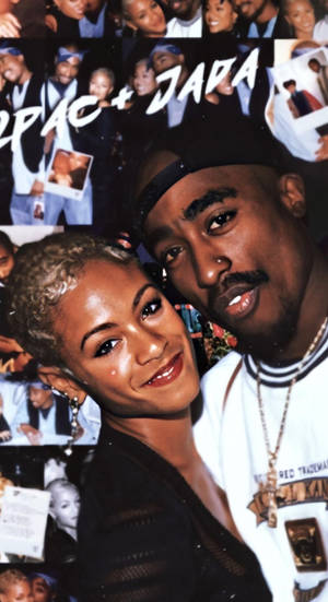 Tupac 和 Jada 在照片拼貼中微笑，他們的名字寫在上面。