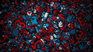 黑色背景上密集的紅色和藍色卡通塗鴉圖案。 — 型格動態圖 壁紙