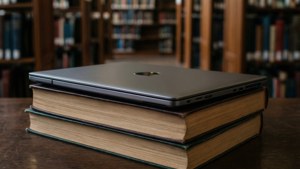 圖書館環境中疊書上的筆記型電腦 — Chromebook 壁紙