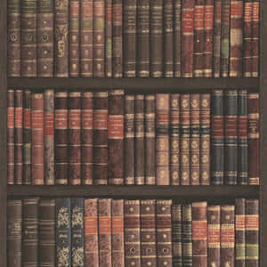 深色木質書架上擺滿了一排排帶有金色壓花的復古皮革裝訂書籍。 — 書籍 壁紙