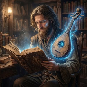 一位巫師在圖書館裡閱讀一本發光的書，旁邊漂浮著一把魔法魯特琴。