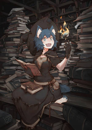 狐狸耳朵的動漫女孩在書堆環繞下閱讀書籍，伴隨著漂浮的火焰。