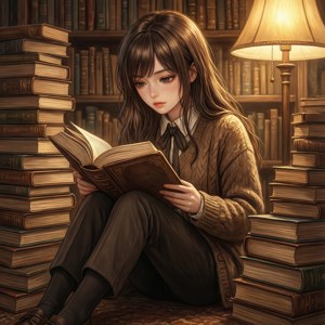 年輕女性在舒適的圖書館中，被書堆包圍，在溫暖的燈光下閱讀一本書。