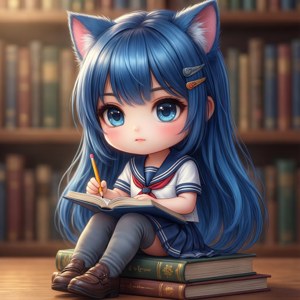 藍髮貓耳動漫少女穿著水手服在圖書館的書堆上寫筆記