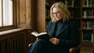 一位戴眼鏡的女人在圖書館窗邊的木椅上閱讀。