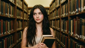 年輕女子在圖書館通道中手持書籍，周圍環繞書架 — Olivia Rodrigo 壁紙