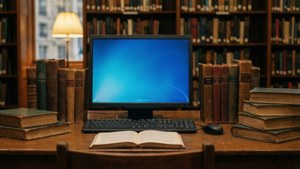 圖書館中的木製書桌，上面有打開的書、電腦和一堆復古書籍。 — 電腦 GIF 壁紙