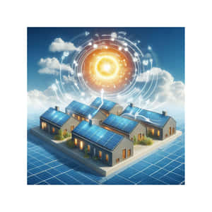 五間太陽能房屋在數碼太陽全息圖下，窗戶閃閃發光。 — 設計 壁紙