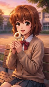 穿著校服的動畫女孩在日落時分的公園長椅上吃團子。