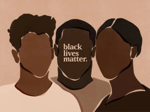 三個插圖風格的黑人形象，中間的臉上帶有「black lives matter」文字。