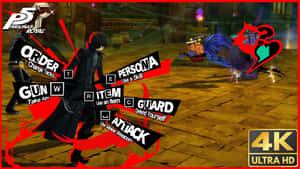 Persona 5 Royal 的遊戲菜單疊加層，顯示戰鬥指令和一個穿著黑色外套的角色。 — 女神異聞錄5 壁紙