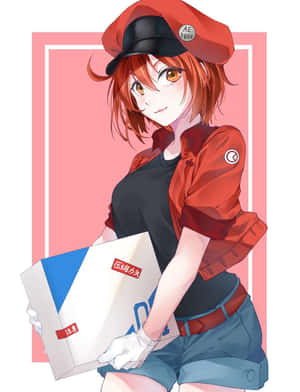 動漫送貨女孩穿著紅色制服，微笑著拿著包裹。