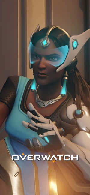 《鬥陣特攻》角色慈悲身穿未來醫療裝備，帶有藍色發光裝飾。 — iPhone 11 Pro 壁紙