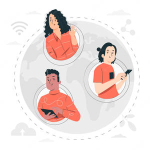 三名人士使用裝置透過數碼通訊進行全球連接。