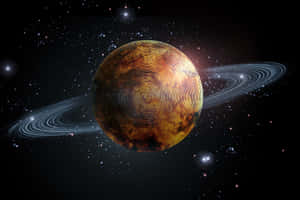 在佈滿星辰的太空場景中，一顆帶有發光環的金色行星。