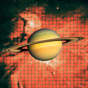土星帶有光環，襯托著熾熱星雲和網格圖案。