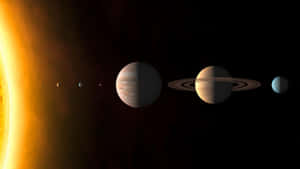 太陽系行星，包括木星和土星，背景有發光的太陽。 — 星際寶貝 壁紙