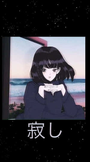 深色頭髮的動漫女孩坐在窗邊，看著黃昏的海洋。