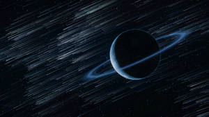 行星帶有發光環，在動態模糊的星場中移動
