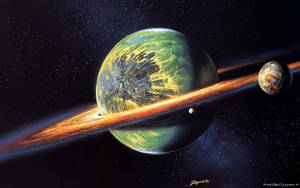 一顆綠色行星，帶有發光的環系統和一個在深空中的衛星。 — 星際寶貝 壁紙