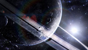 一顆帶有彩色帶狀和小行星漂浮在星空中的環狀行星。