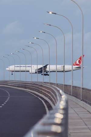 土耳其航空飛機低空飛過一條有街燈的彎曲高速公路。