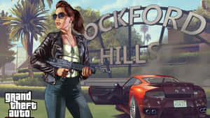 喺Rockford Hills遊戲場景中，一個女人揸住步槍企喺損壞嘅紅色跑車旁邊。