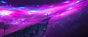 人站在懸崖邊，下方是充滿活力的宇宙天空，下面有樹。