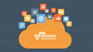 Amazon Web Services 雲端圖示，帶有浮動的應用程式符號，代表技術服務。