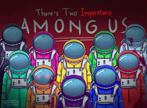 色彩繽紛的太空人在紅色房間內，文字 'There's Two Impostors AMONG US'。