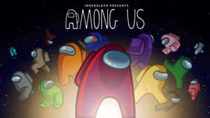 Among Us角色在太空中漂浮，背後有星星和發光的光線。