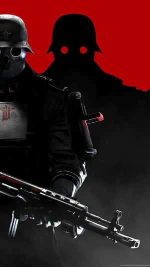 一名揸住步槍嘅士兵企喺一個發光眼睛嘅陰影前面，背景係紅色。 — 9:16 壁紙