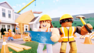 兩個 Roblox 建築工人拿著藍圖和錘子在建築工地。