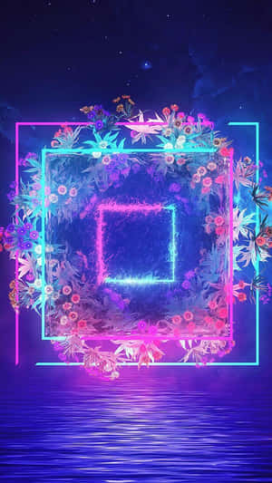 霓虹發光的方形框架，花朵漂浮在星空下的水面上。