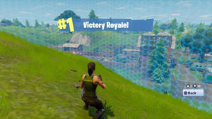 《Fortnite》玩家喺草山頂上贏得Victory Royale，下面係藍色戰場。