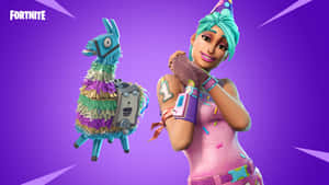 穿著生日服裝的Fortnite角色與皮納塔在紫色背景前